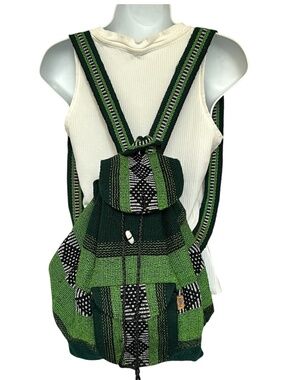 Pinzon Woven Boho Baja Backpack Green Mexican Drawstring